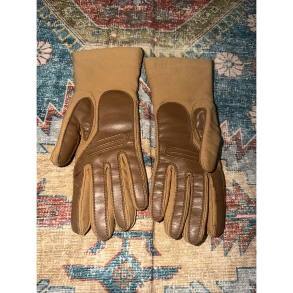 Vintage Sheer Energy Tan Nylon Spandex‎ Gloves Brown Leather Palm Lined One Size